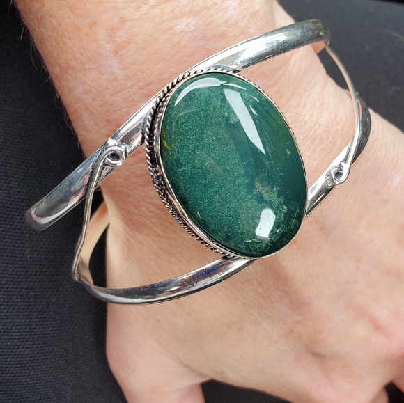 New Indian Moss Agate 925 Silver Cuff Bracelet. - Picture 9 of 10